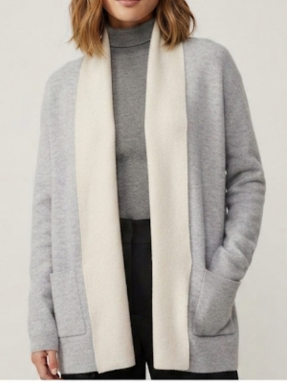 Babaton Aritzia Beekman Wool Cardigan Open Front Pockets Grey Cream Long Sleeve